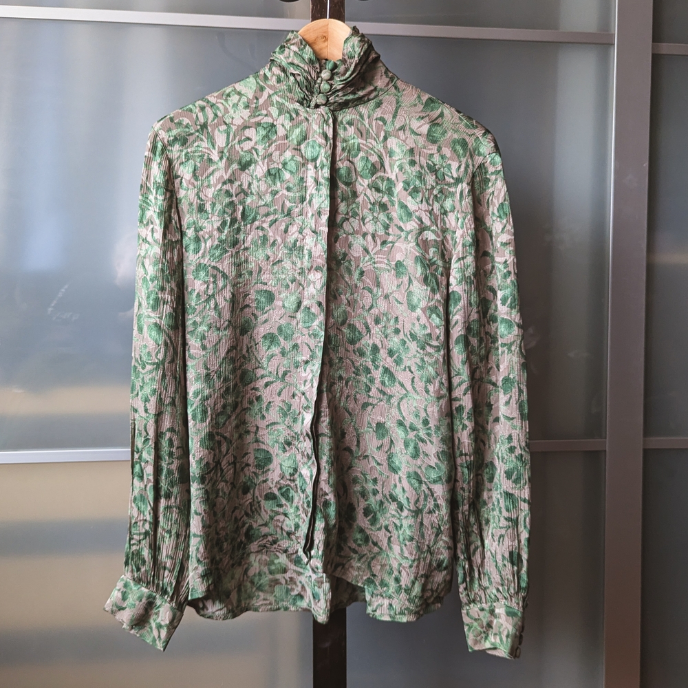 📼🐛Vintage Anne Klein 100% Silk Floral Long-sleeve Button-up Blouse - size 12